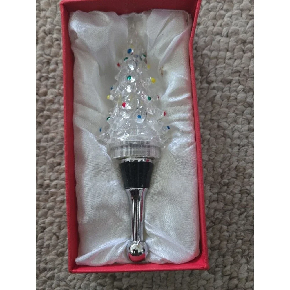 Source Unknown Clear Glass Christmas Tree Bottle Stopper with Multicolor Accents